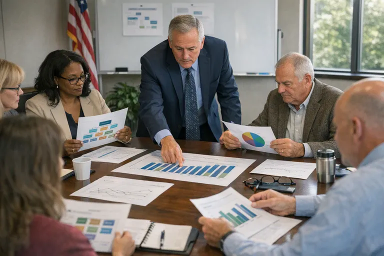 A small group of school district leaders sits around a conference table with printed charts and budget papers spread out in front of them.