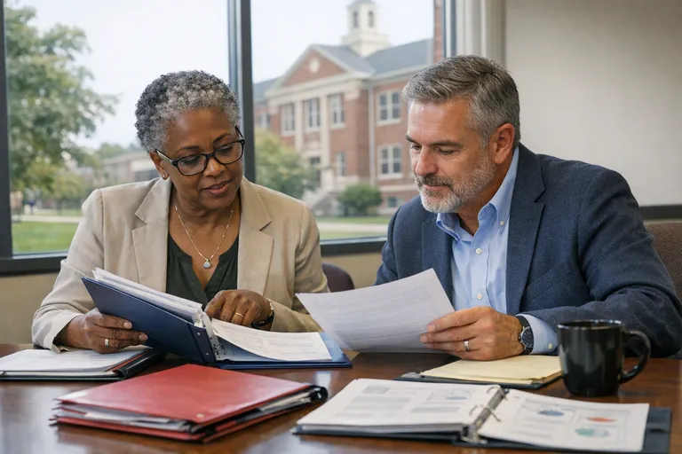 Two education administrators sit at a conference table sorting paper folders and notes in a campus meeting room.