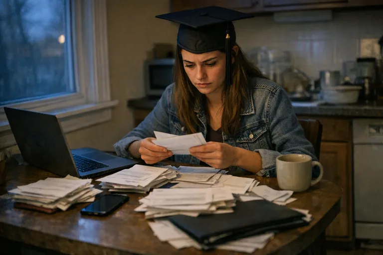 A young adult sits at a kitchen table sorting papers beside a laptop, phone, and folders in a dimly lit apartment.